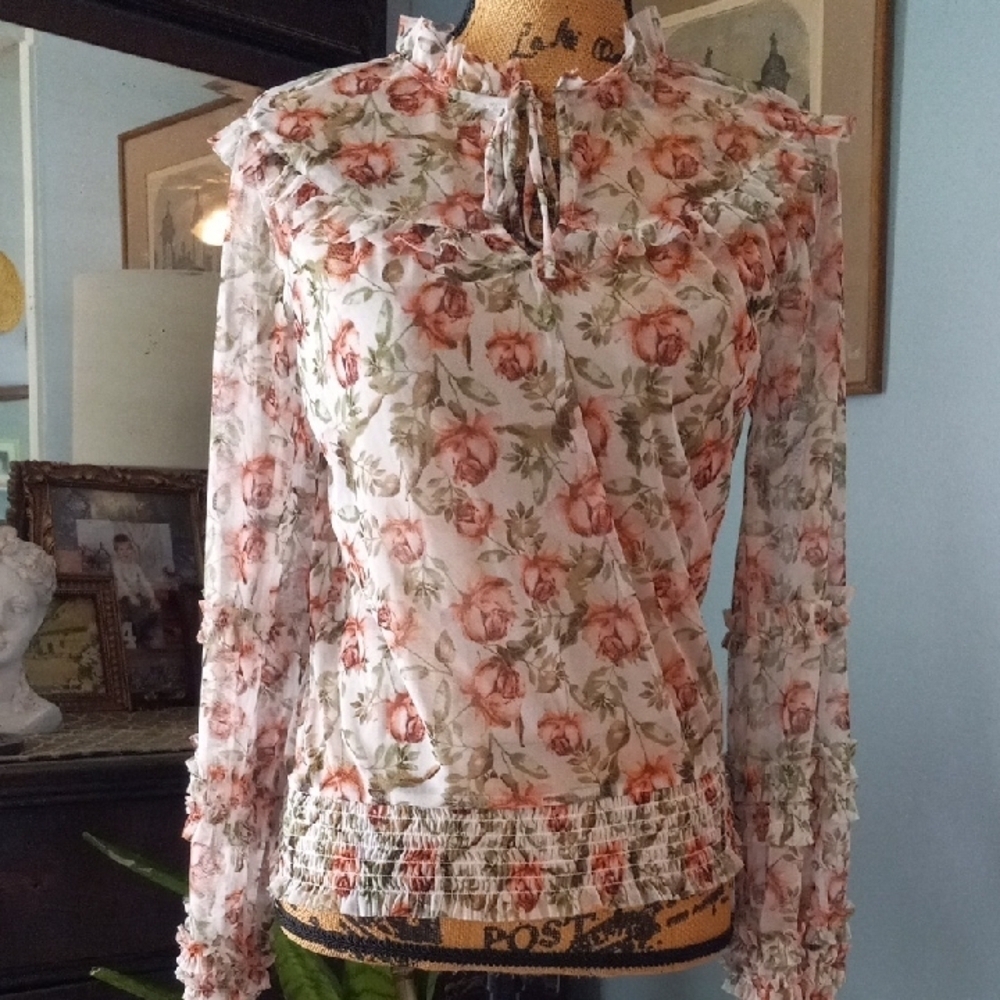 INC International Concepts Pink Rose Floral Chiffon Ruffle Smocked Blouse Small - Picture 2 of 15